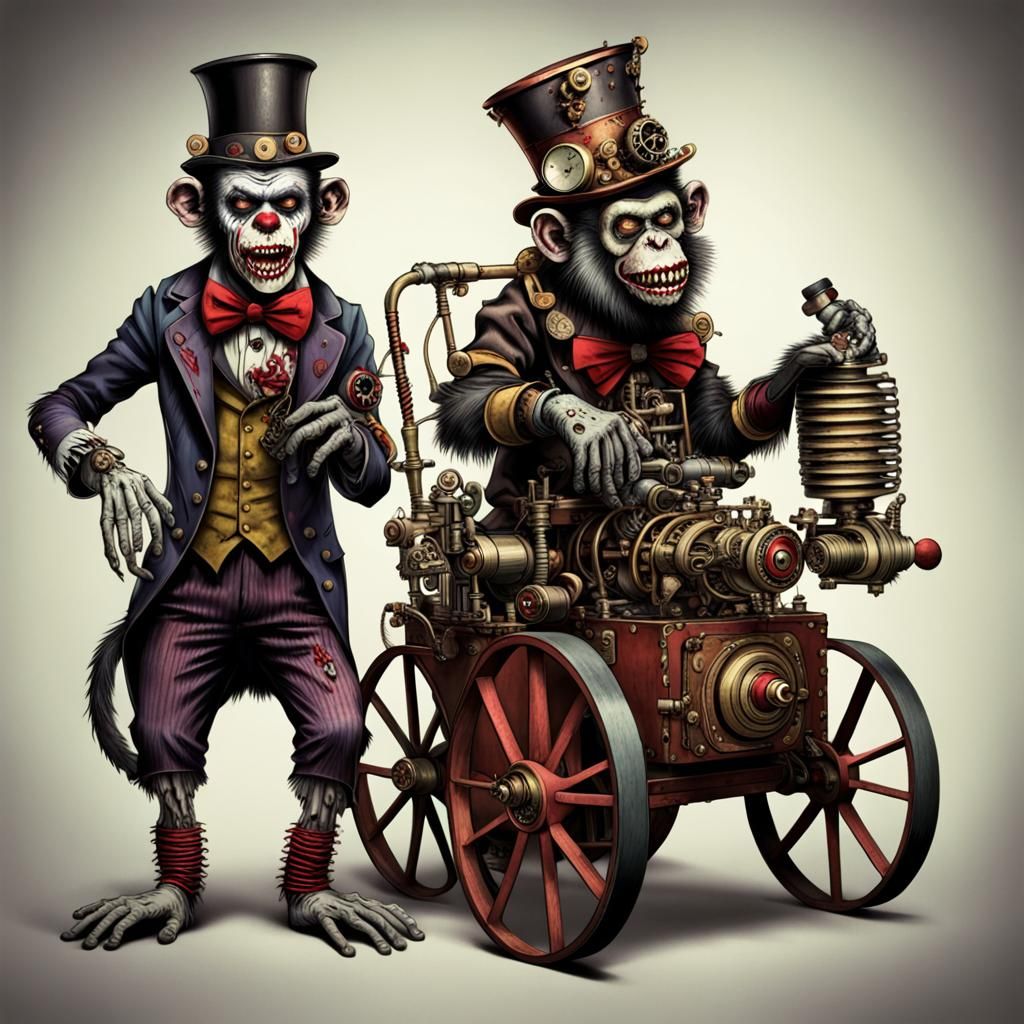 Steampunk Zombie Clown Organ Grinder and Monkey