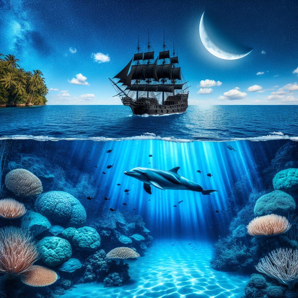Pirate Ship Above, Dolphin Below: Dual World Night Scene