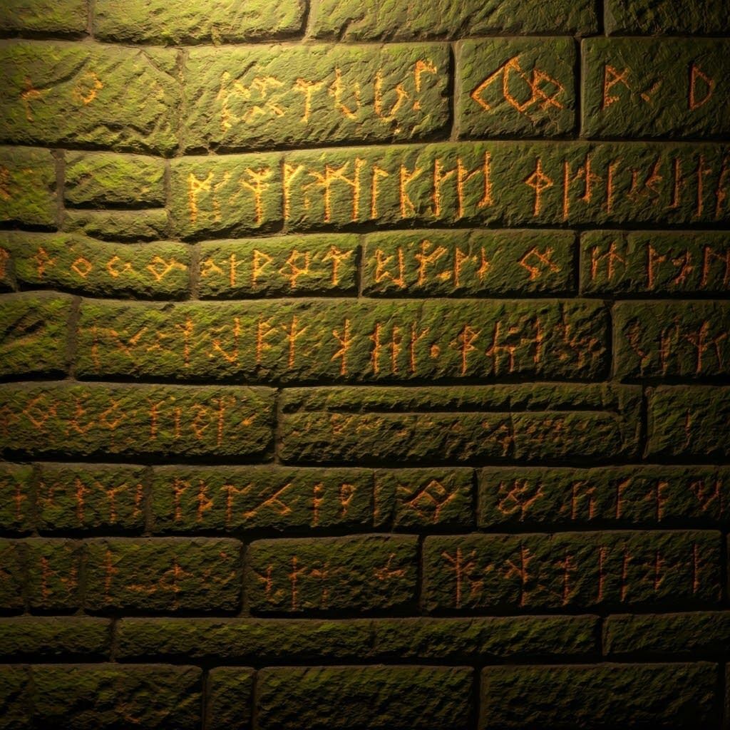 Mystical Ancient Runes on Weathered Stone Wall