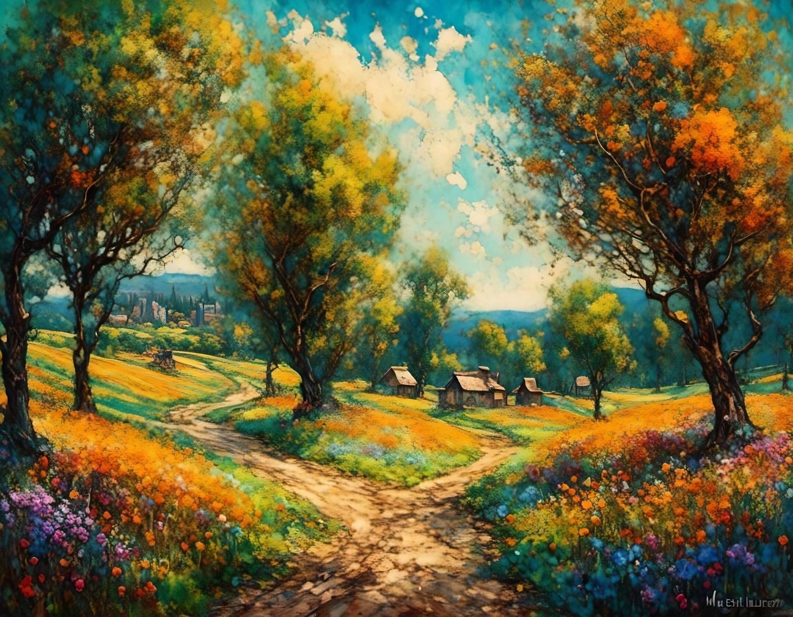 Orchard Meadow: Expressionist Oil Painting