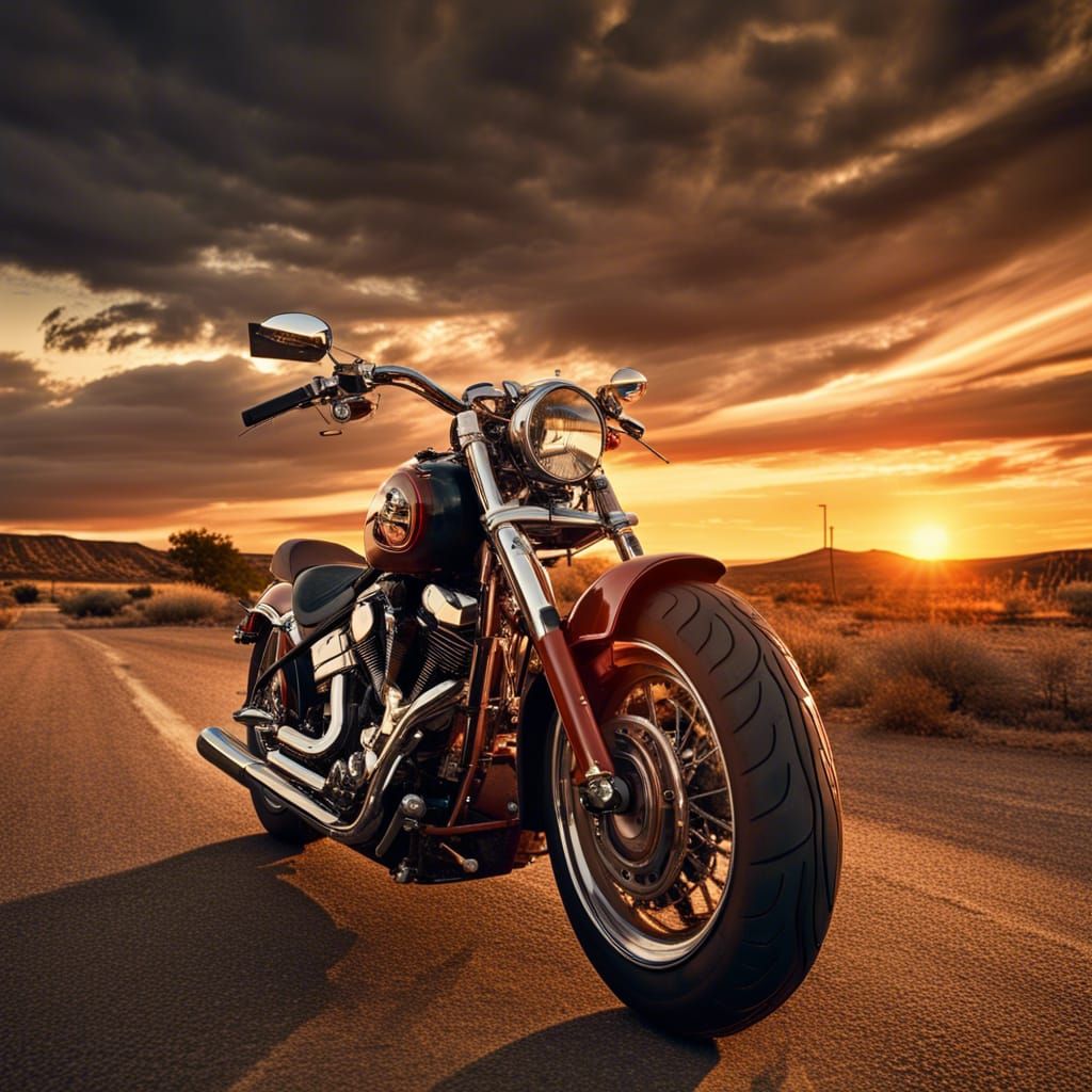 Hyperrealistic Motorcycle at Sunset on Route 66