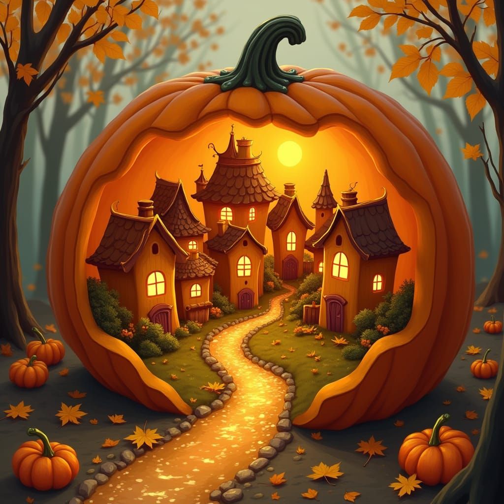 Miniature Autumn Village Inside Pumpkin, Whimsical Illustrat...