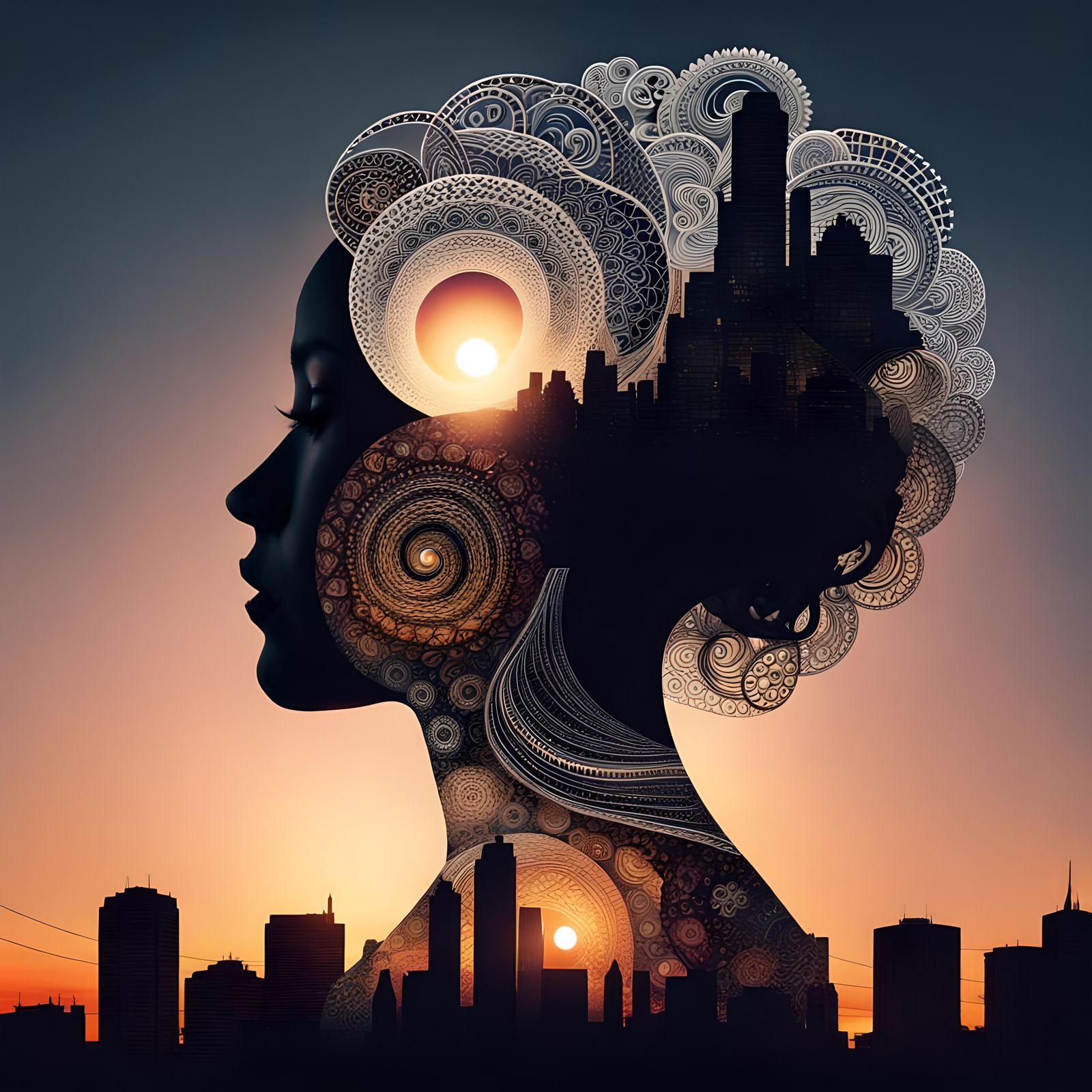 Cityscape Sunset in Woman Silhouette: Double Exposure