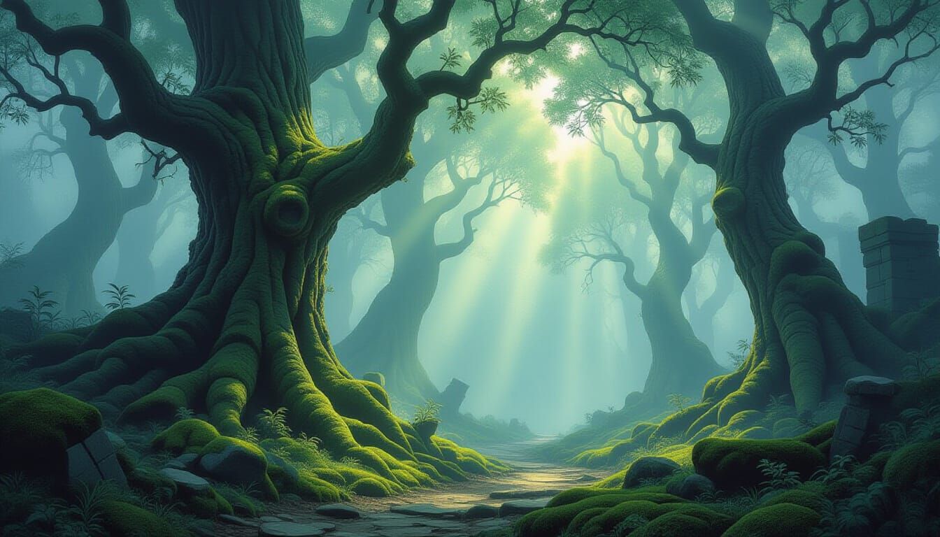 Mysterious Forest Path with Ethereal Light in Fantasy Art St...