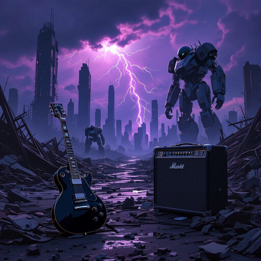 Futuristic Wasteland with Electric Guitar and Stormy Sky