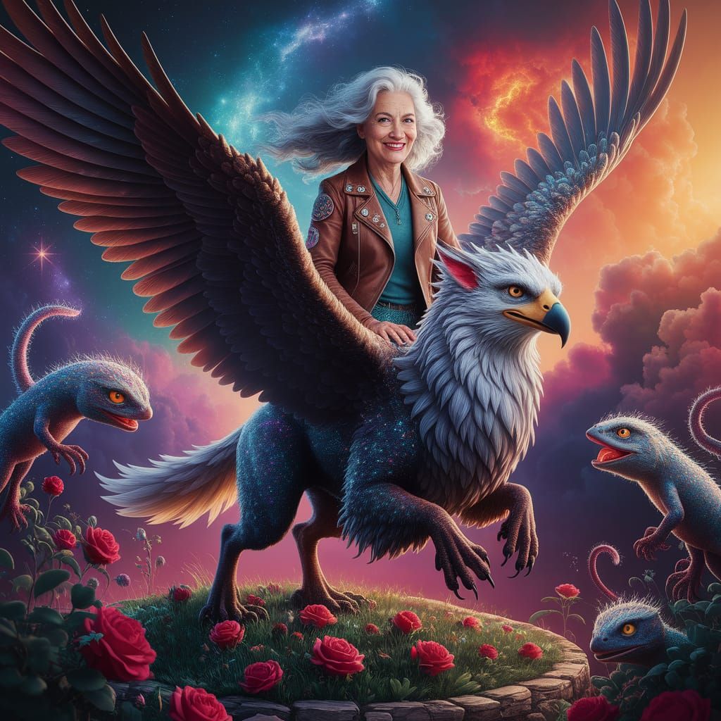 Elderly Woman on Griffin Soaring Through Nebula