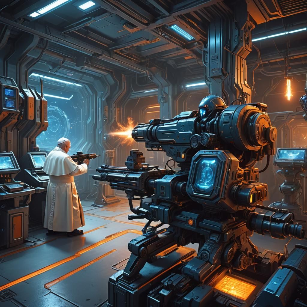 Pope with Machine Gun in Sci-Fi Lab