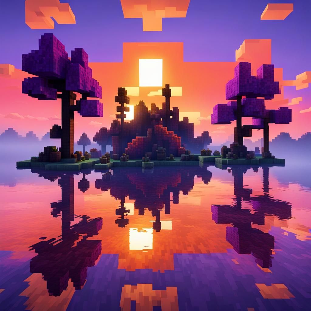 Minecraft Sunset Over a Pixelated Landscape
