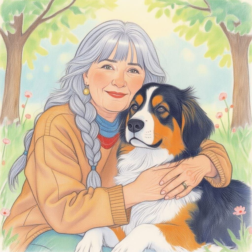 Joyful Elderly Woman Cuddles Great Dane in Dreamy Illustrati...