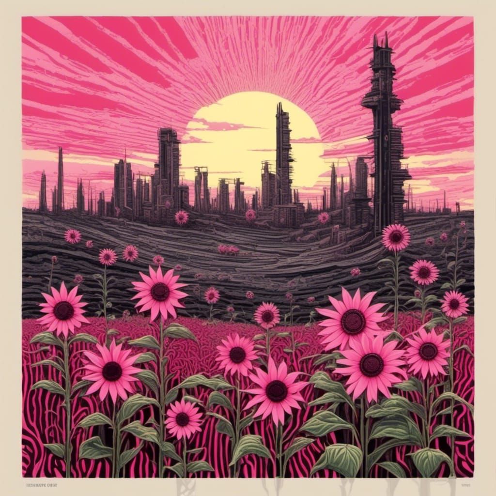 Cyberpunk Wasteland with Pink Sunflower, Vector Art