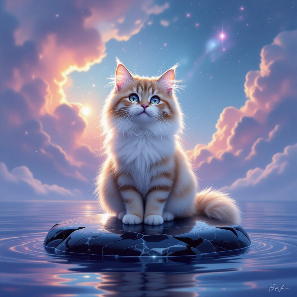 Fluffy Cat with Galaxy Eyes on Obsidian Island