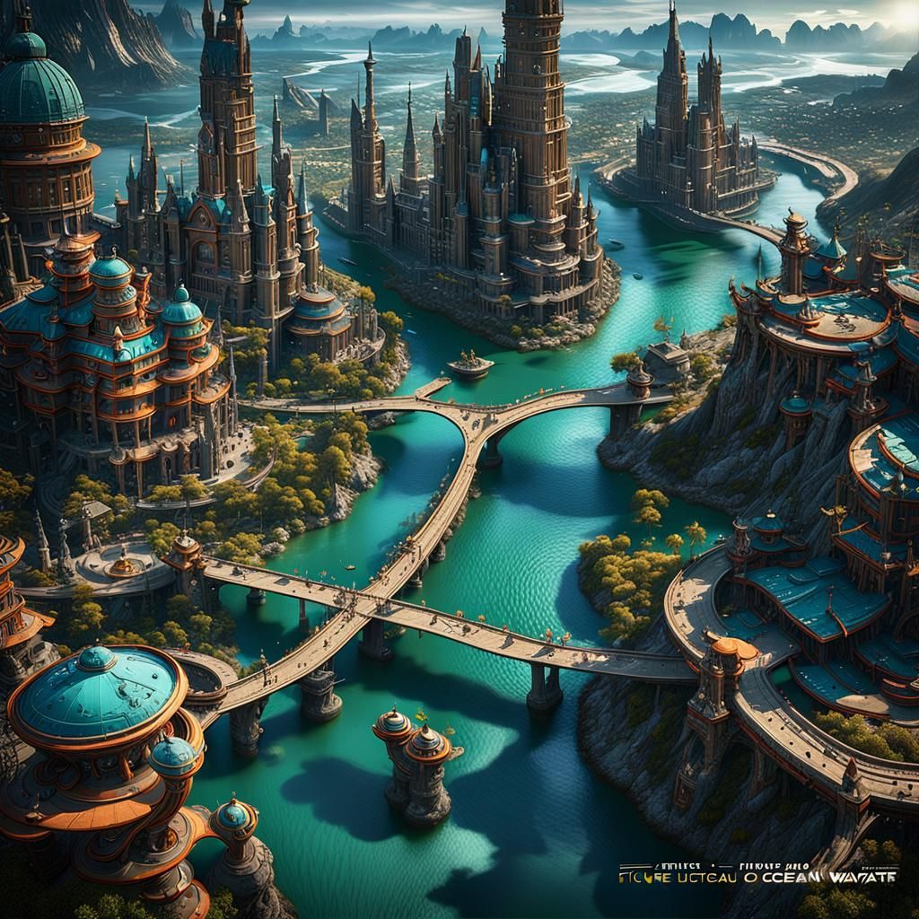 Futuristic City with Waterway: Detailed Matte Painting
