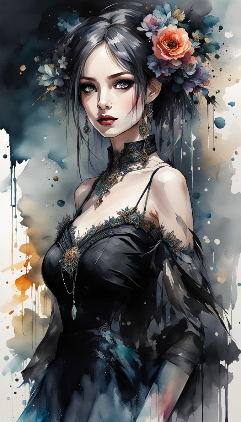 Gothic Princess in Black Dress Watercolor Manga Portrait