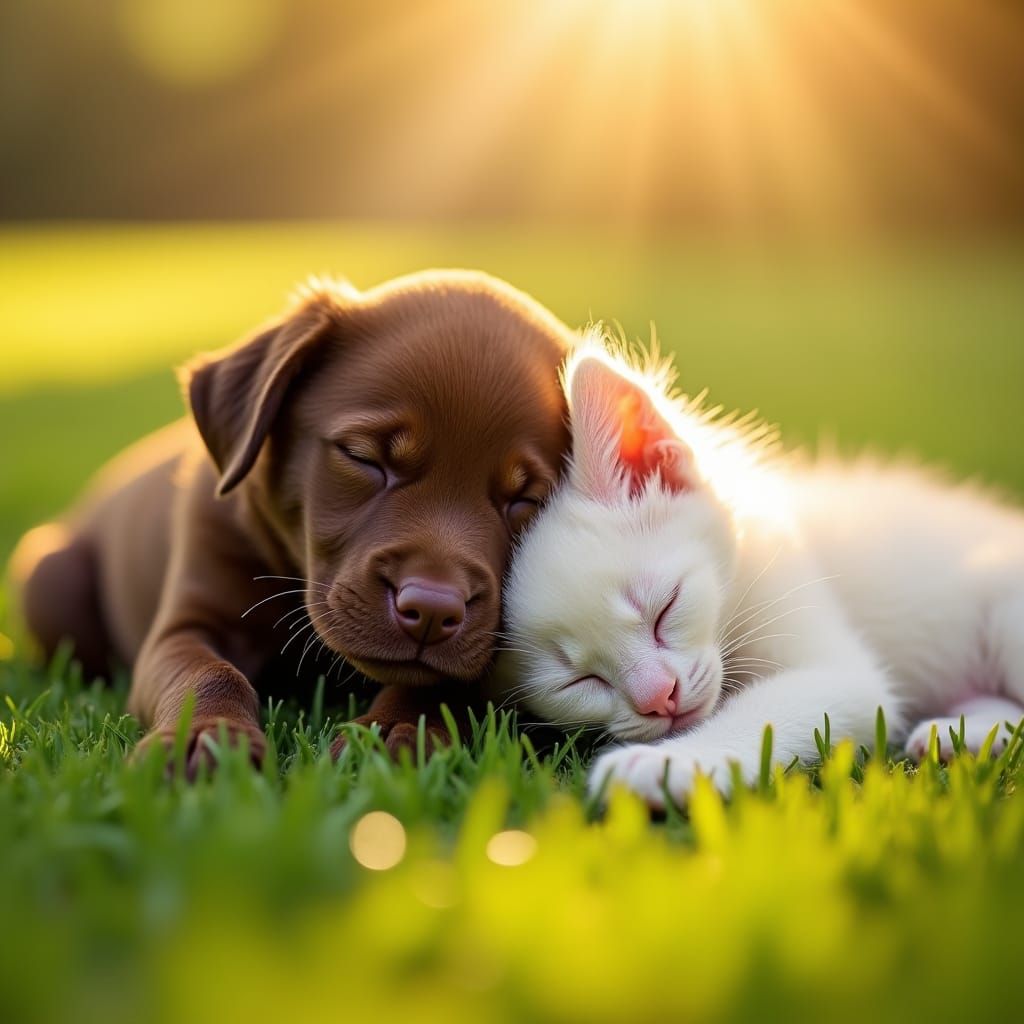 Puppy and Kitten Cuddle in the Sunshine