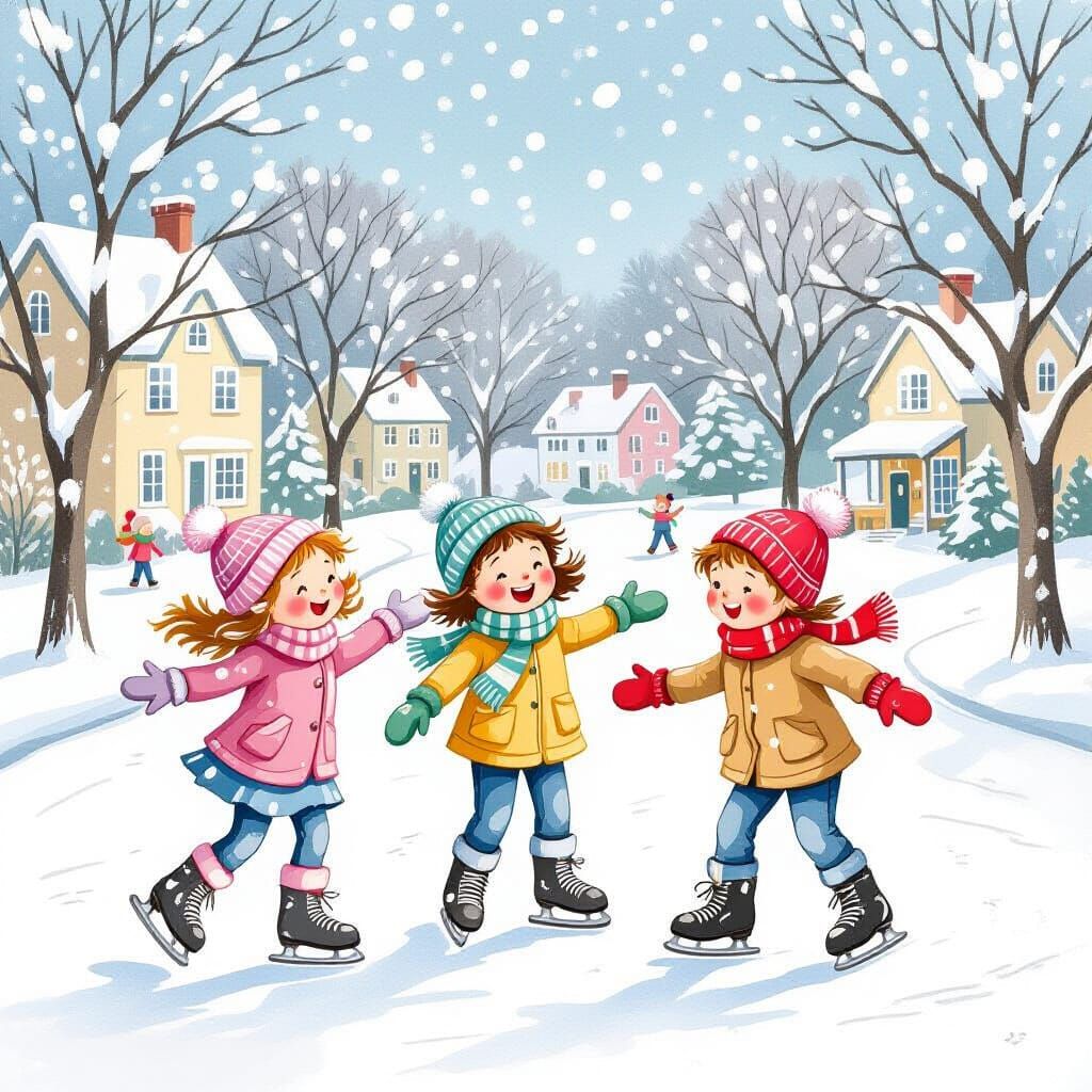 Joyful Children Ice Skating on a Winter Day