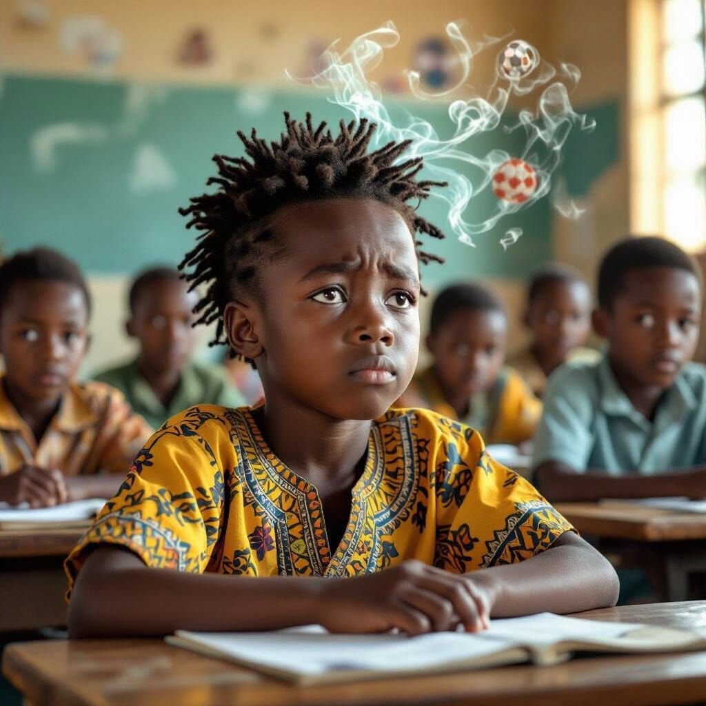 African Child Distracted in Classroom, Matte Painting Style
