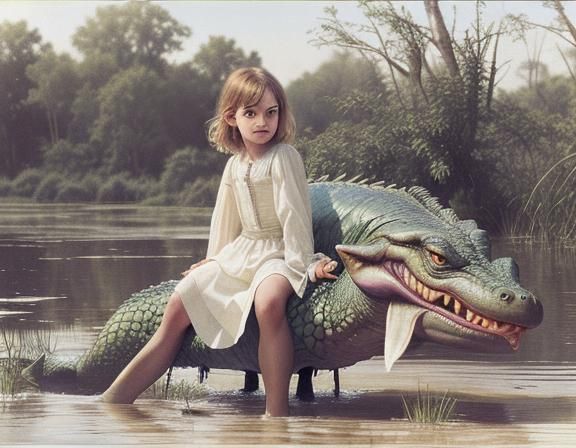 Goblin Children Playing on Crocodile: Photorealistic Swamp S...