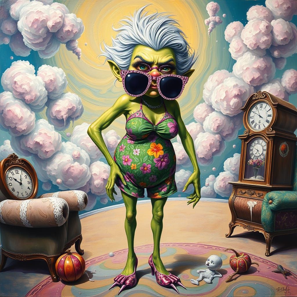 Whimsical Surrealist Grandmother Figure in Vibrant Floral Pr...