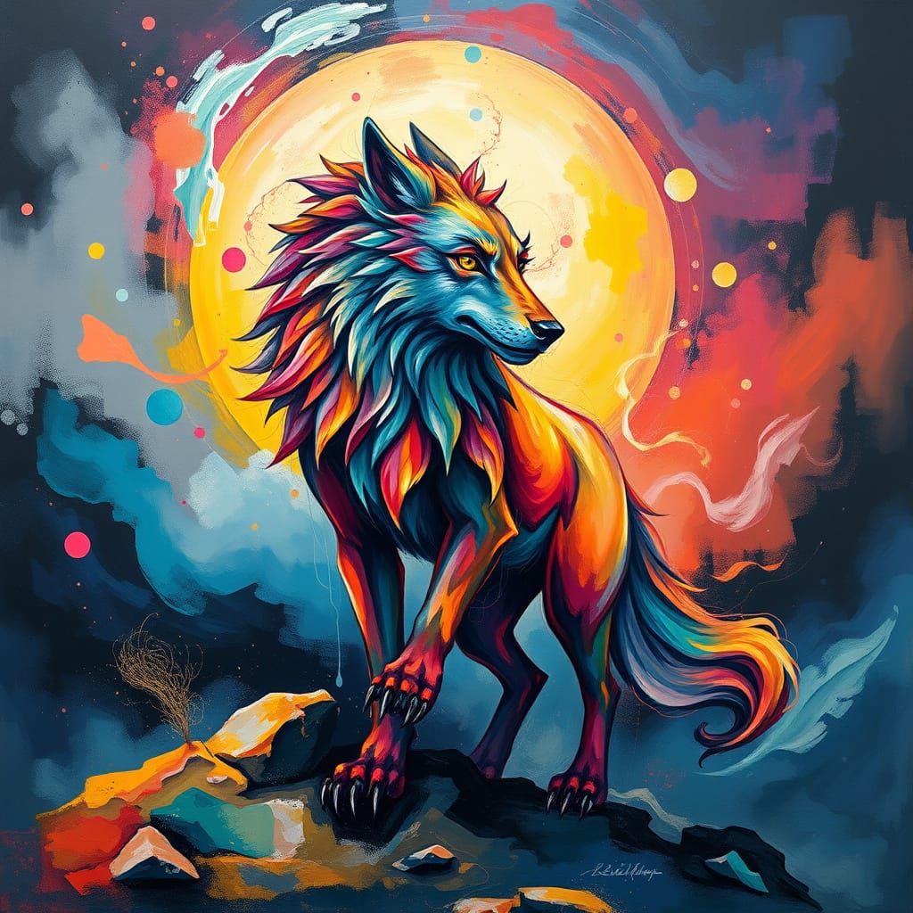Cryptocurrency Wolf in Vibrant, Dreamlike Landscape