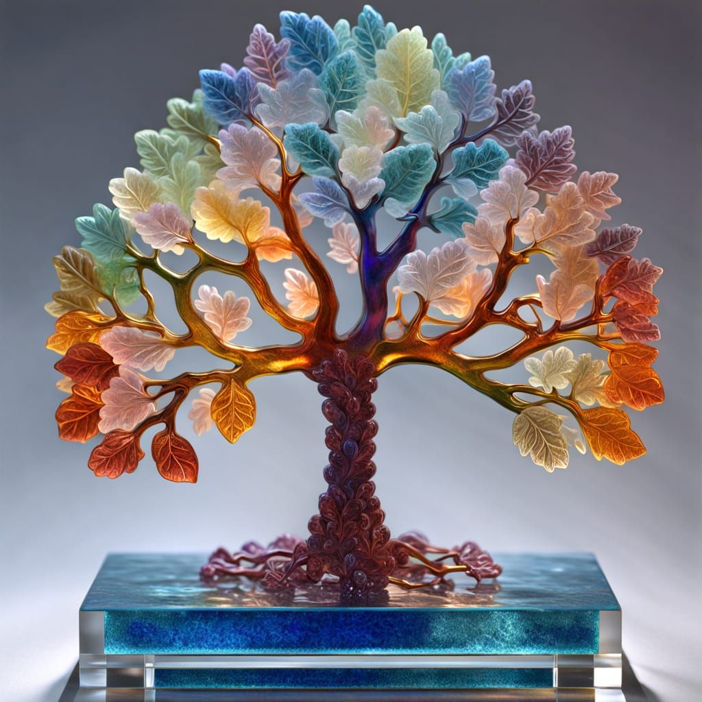 Tree of life on Crystal Plinth, Pate de Verre Glass
