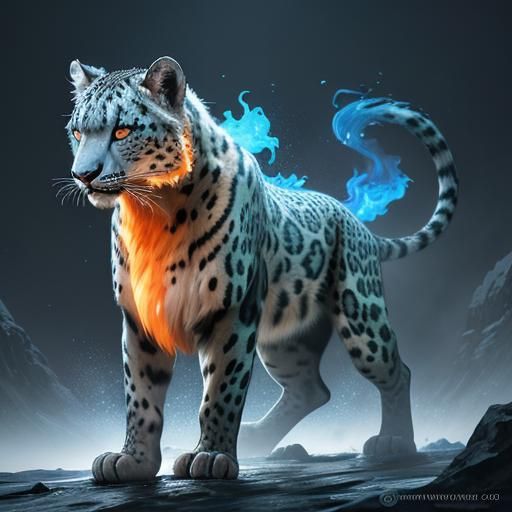 Fiery Snow Leopard in Oil Painting Style