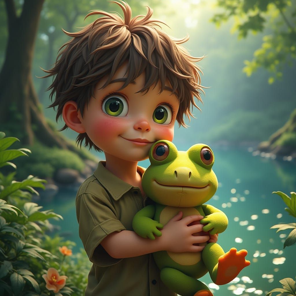 Ethereal Boy Cuddles Frog Teddy in Dreamy Lake Landscape