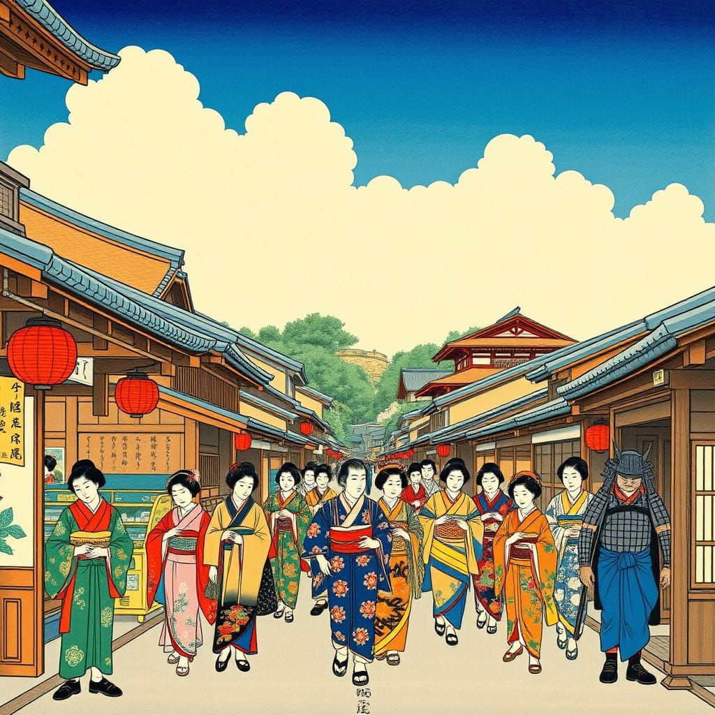 Traditional Japan in Edo Period Ukiyo-e Style
