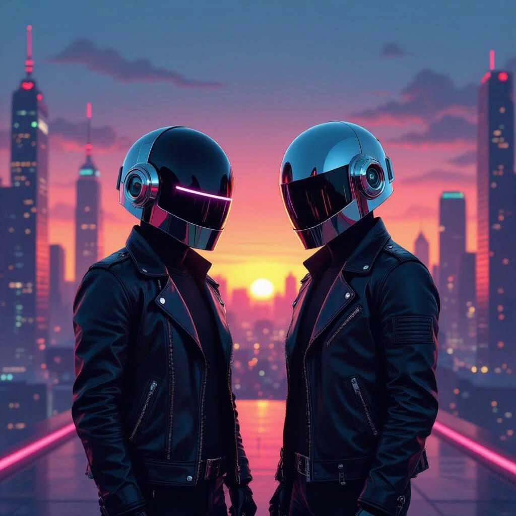 Daft Punk in Futuristic Cityscape, Retrofuturist Style