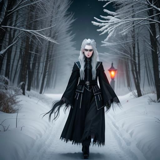 Terrifying Silver-Haired Woman in Blizzard: Hyperrealistic P...