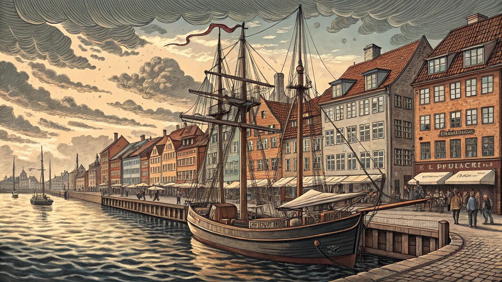 Vintage Danish Port Scene in Woodcut Style