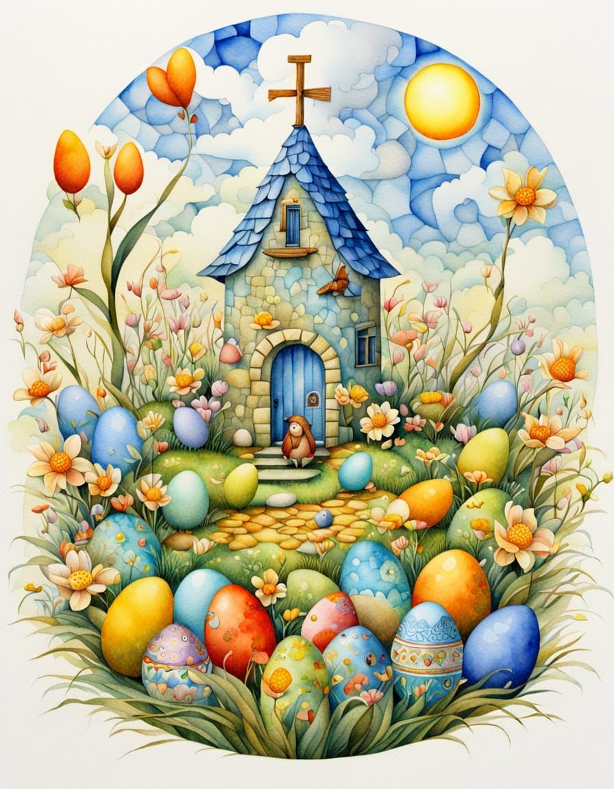 Vibrant Easter Scene in Cubist Watercolor Style