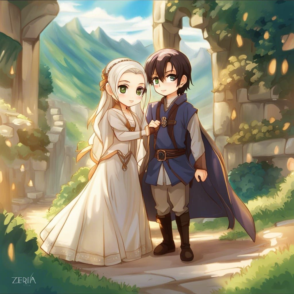 Chibi Aragorn and Arwen in Anime Style