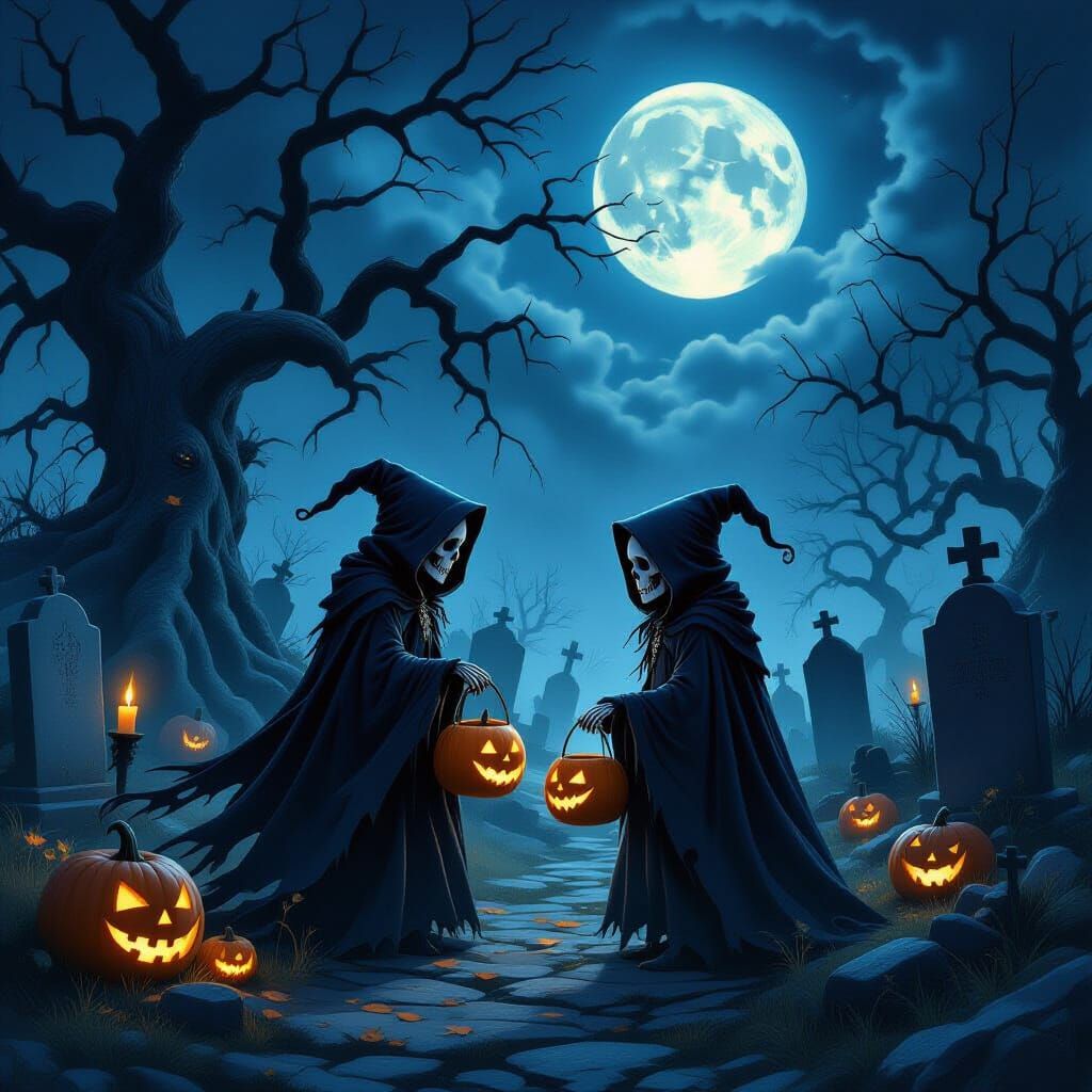Skeletons Trick-or-Treating in Spooky Graveyard