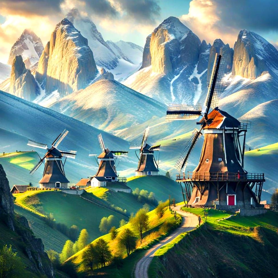 Dramatic Mountain Landscape with Dutch Windmills