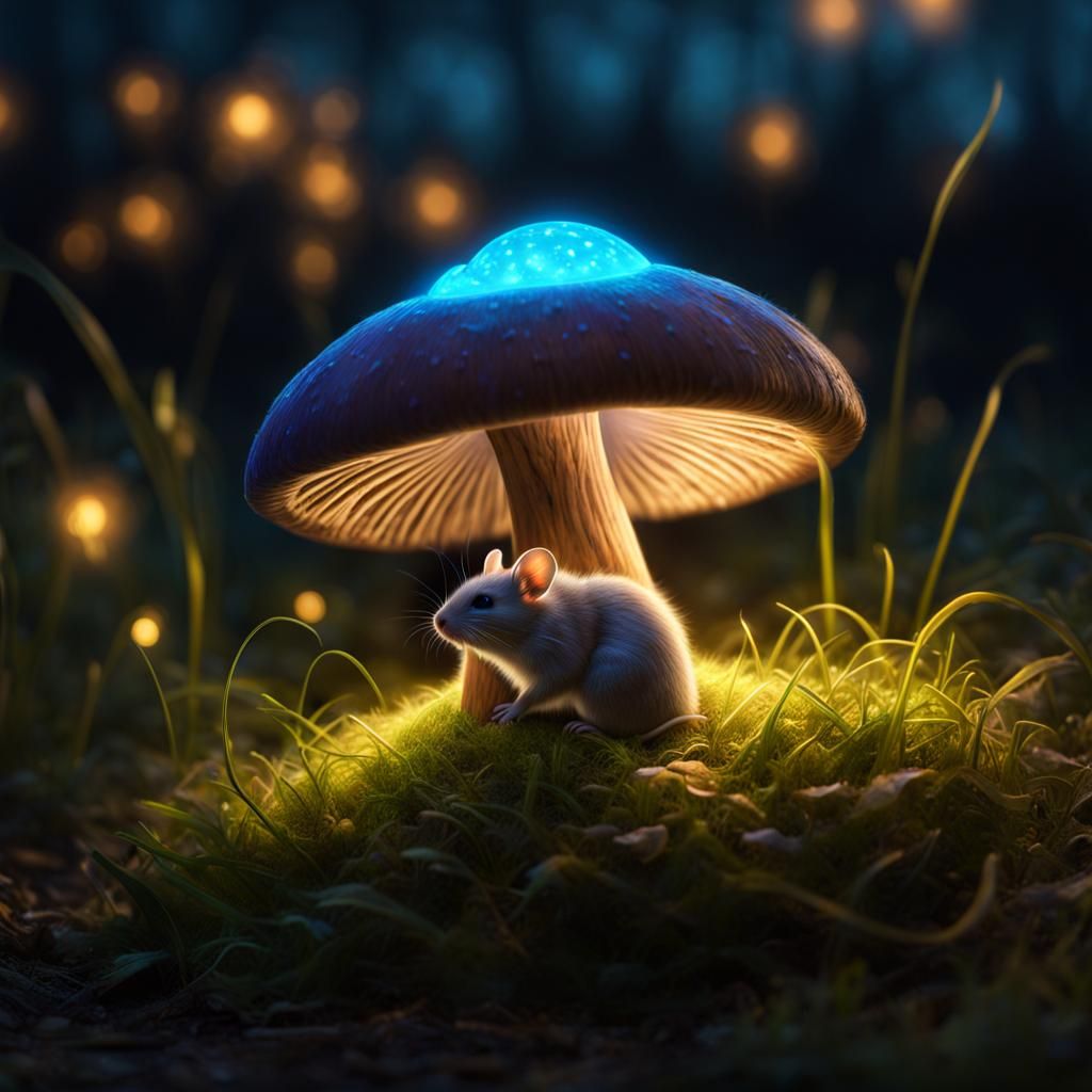 Bioluminescent Dormice Under Mushroom, Hyperrealistic Fantas...