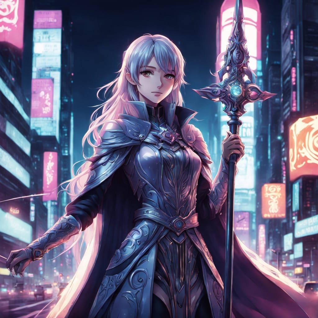 Majestic Wizard Girl in Neon Cityscape