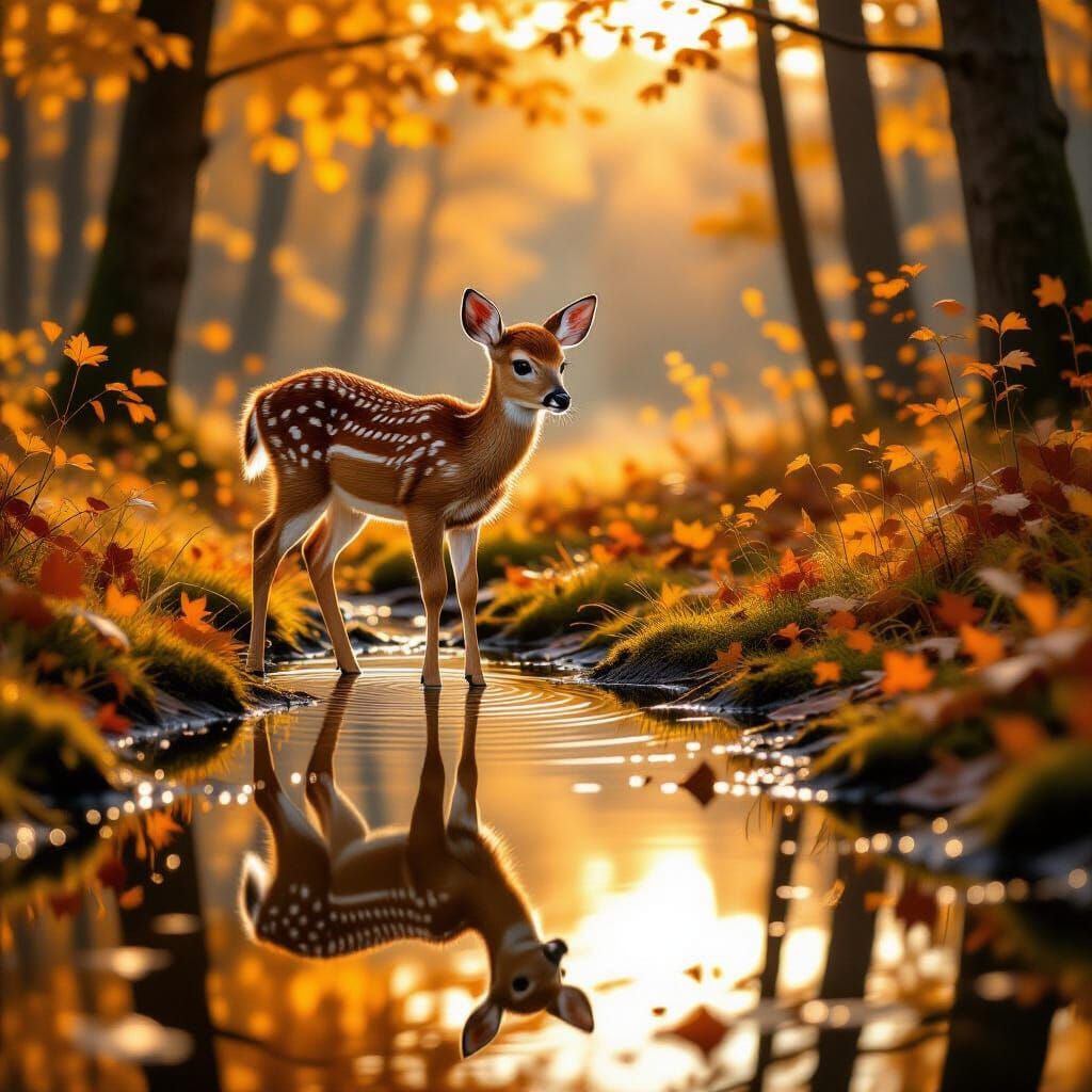 Fawn in Autumn Forest with Reflection