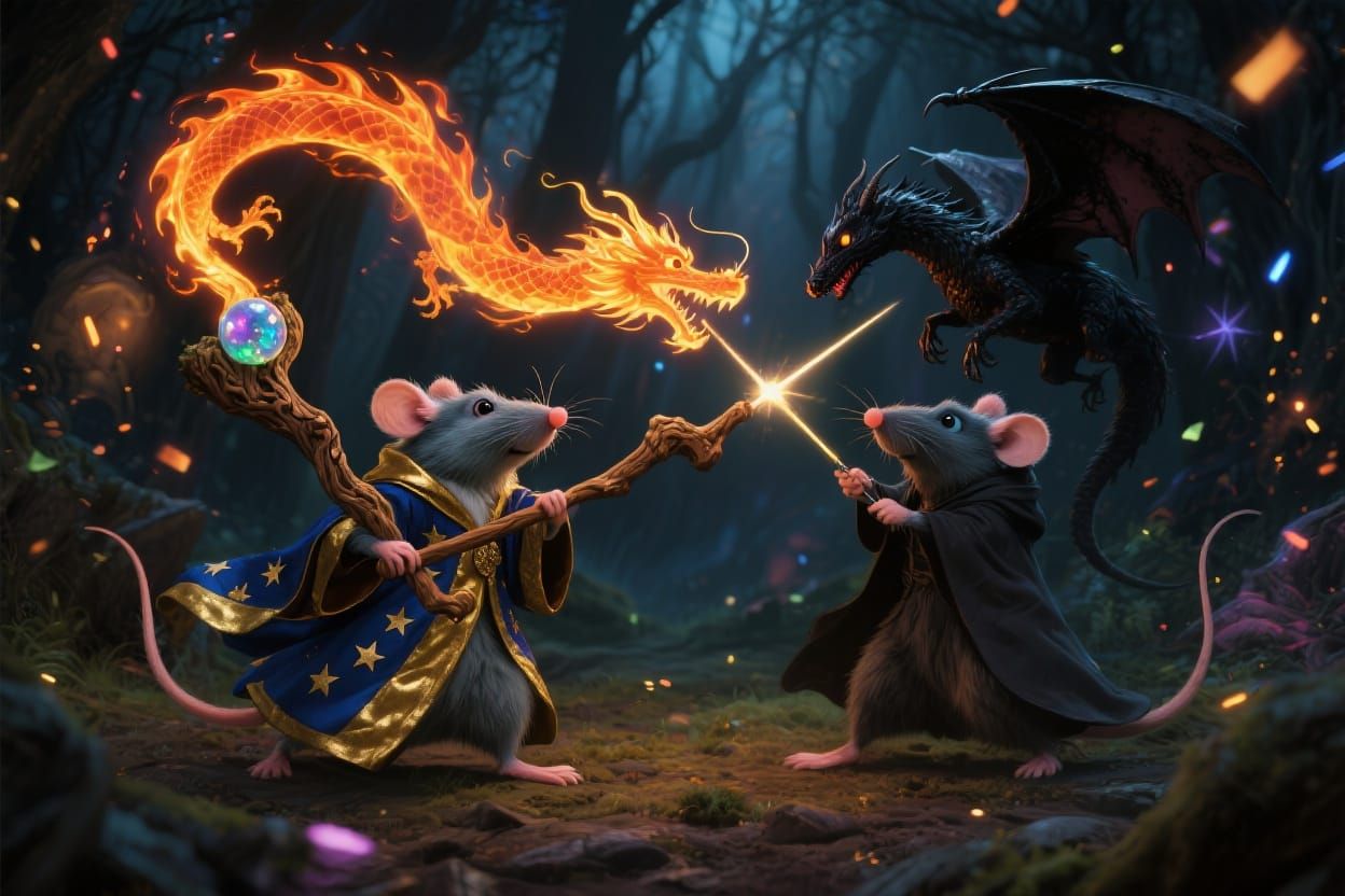 Epic Wizard Mice Duel in Fantasy Forest
