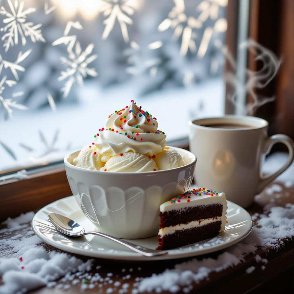 Cozy Winter Dessert Scene With Ice Cream and Cake
