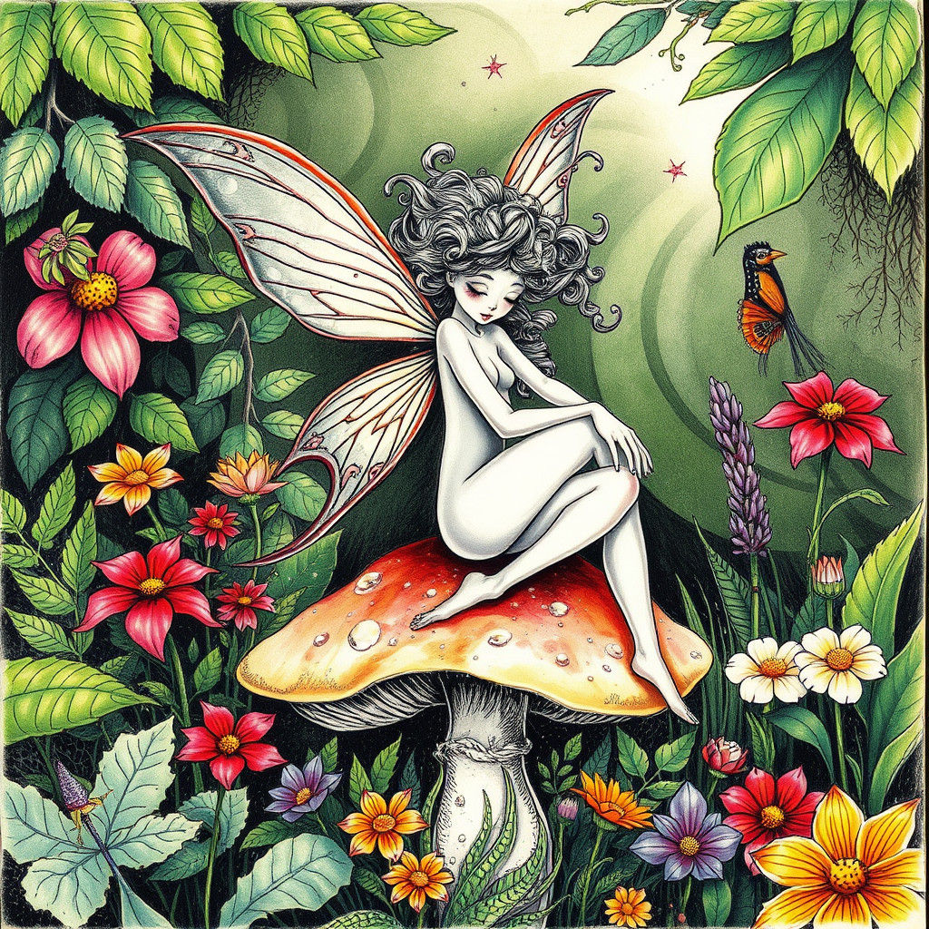 Whimsical Fairy in Hyperdetailed Charcoal Drawing