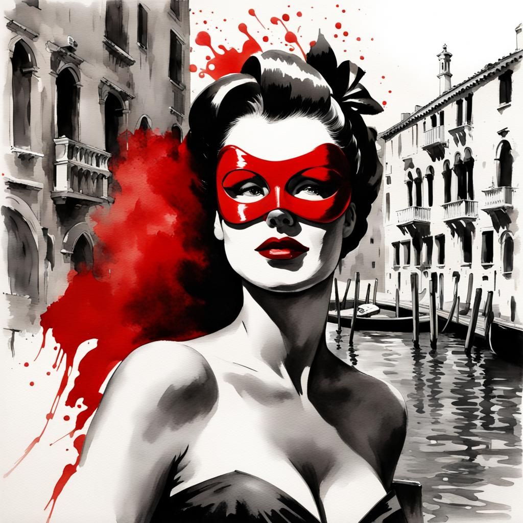 Venetian Pinup in Red Mask: Black and White Watercolor