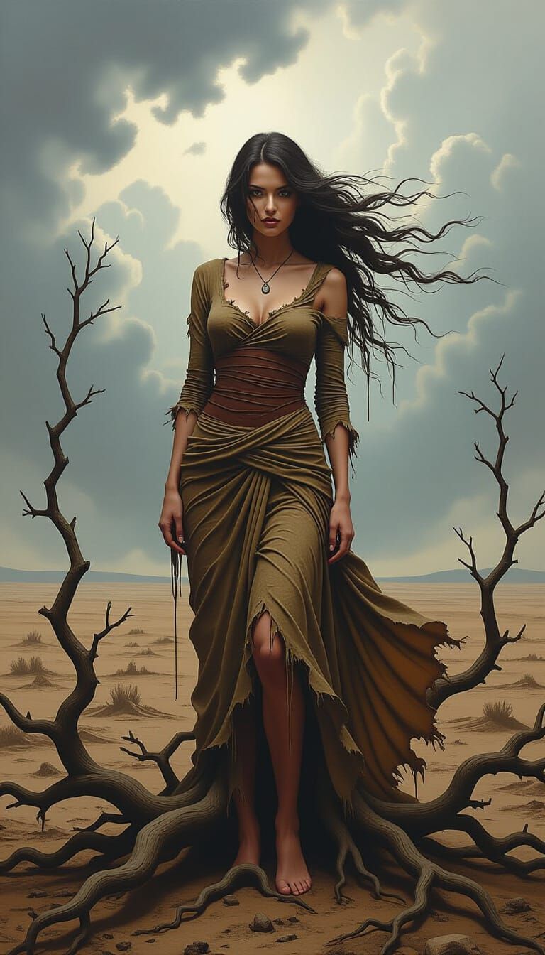 Windswept Figure Merged with Tree Branches: Dark Oil Paintin...