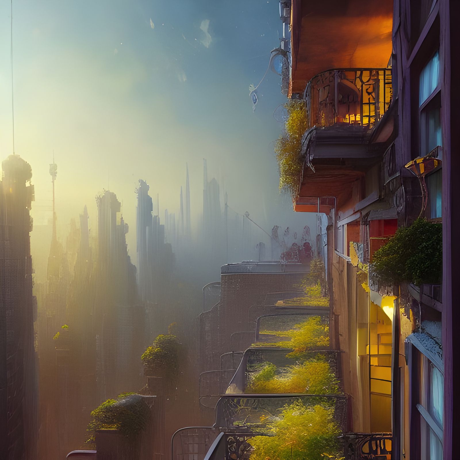 Loft Apartment Balcony as Detailed Oil Painting