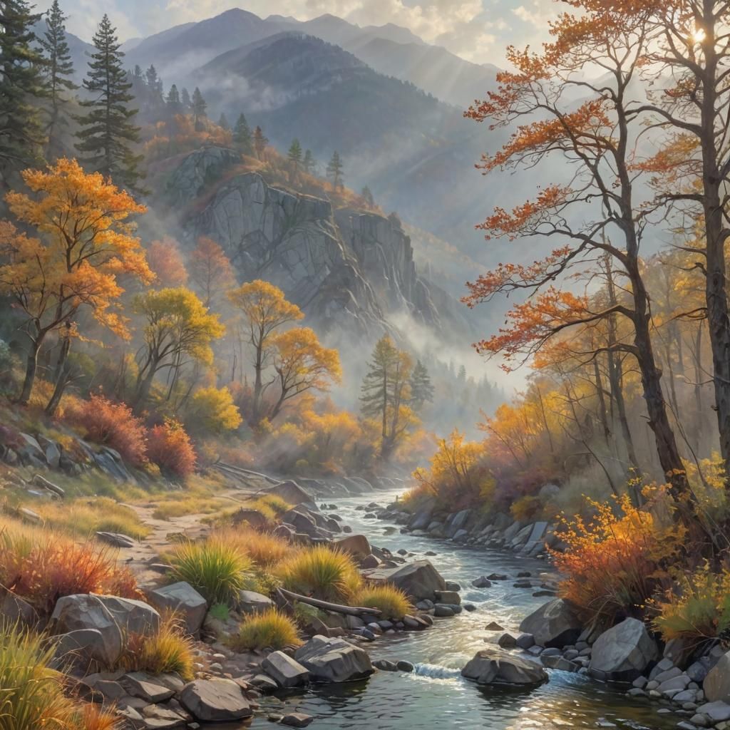 Mountains and River in Autumn Fog, Stained Glass Style