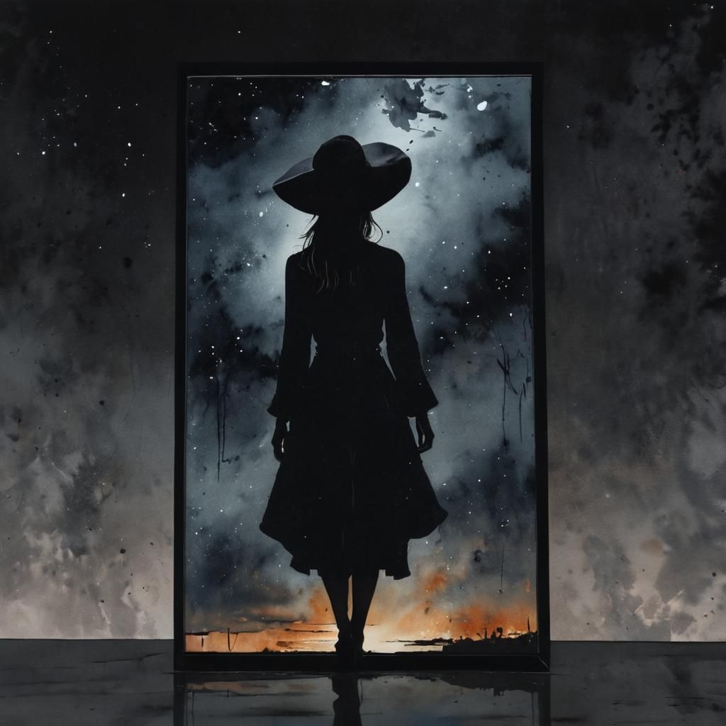 Woman Walks Through Mirror in Watercolor Style