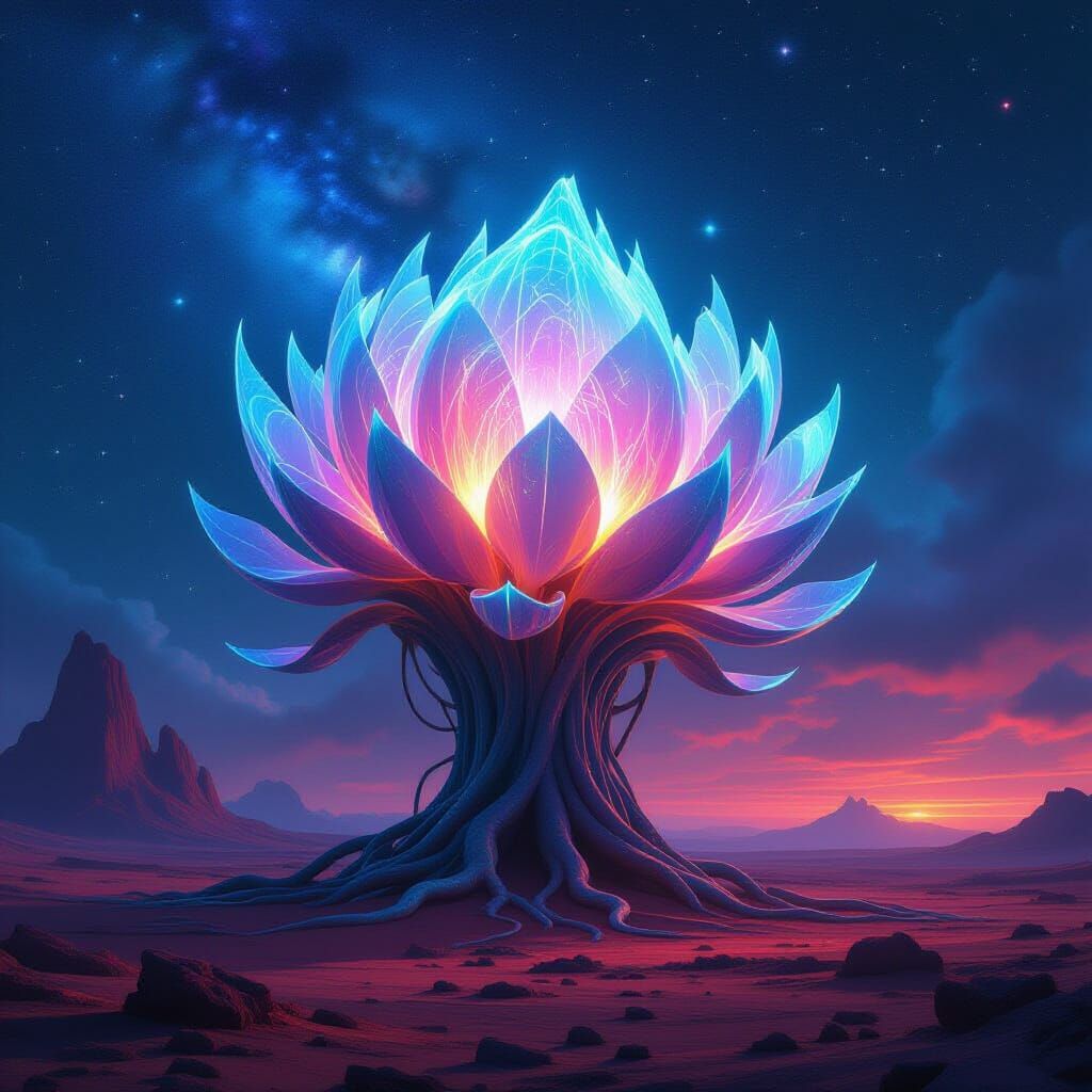 Bioluminescent Alien Plant Under Nebula Sky