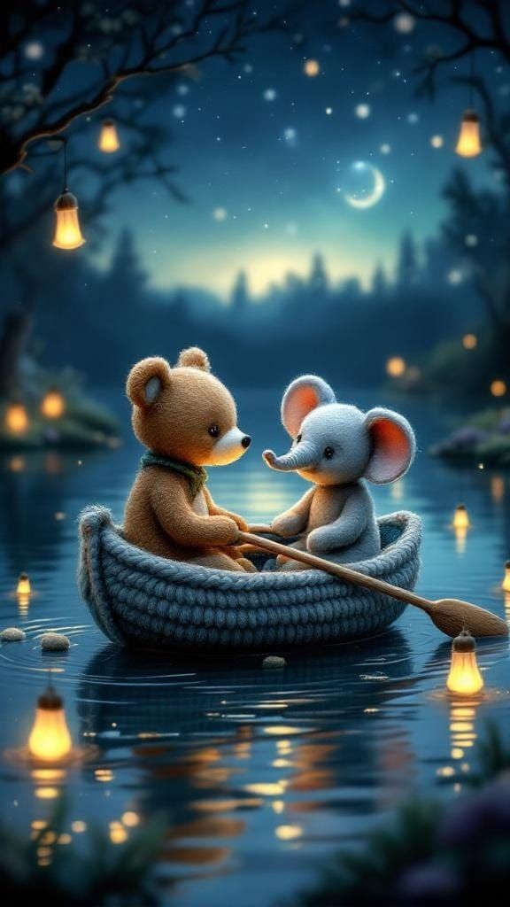 Felted Bear and Elephant on Serene Lake at Night