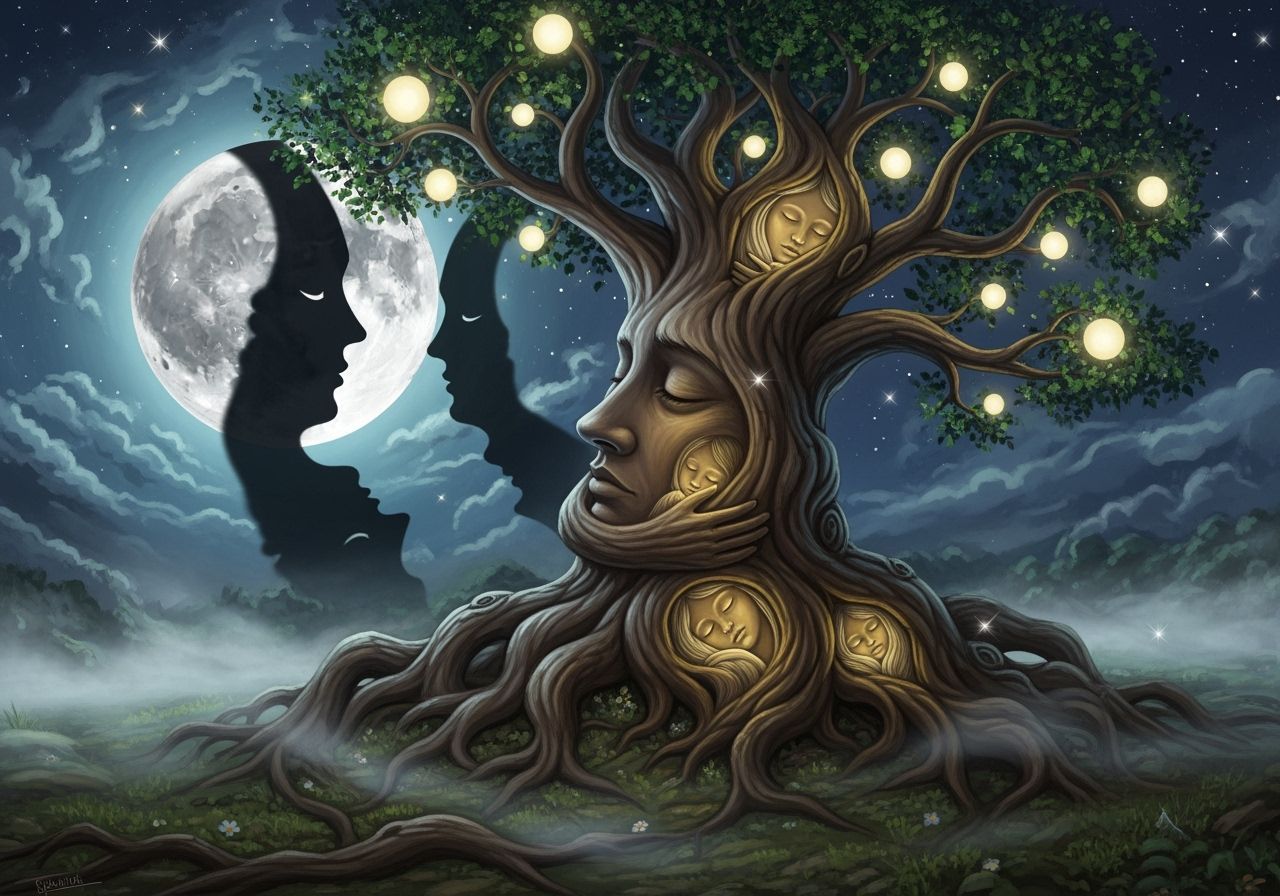 Ancient Tree with Sleeping Faces Under Moonlit Sky