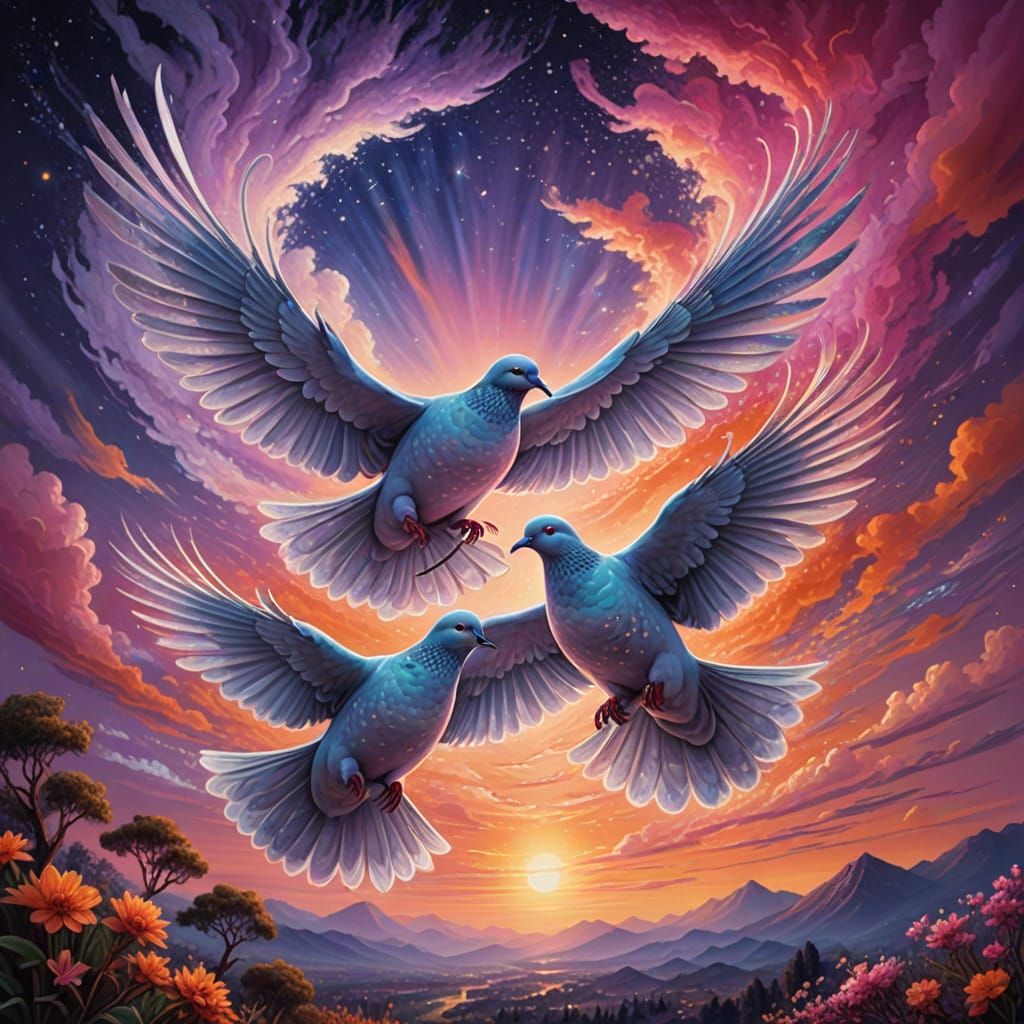 Majestic Doves Form Heart Shape in Vibrant Sunset Sky