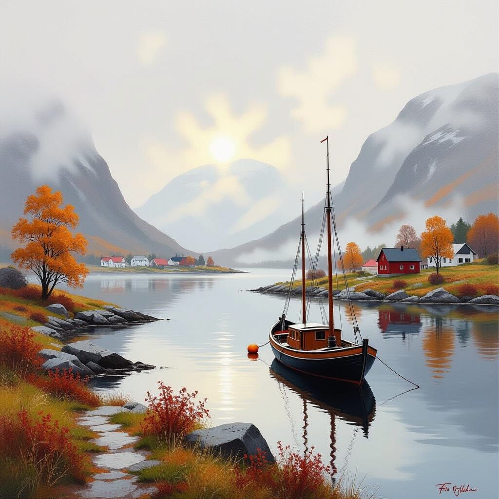 Foggy Autumn Fjord Landscape Oil Painting